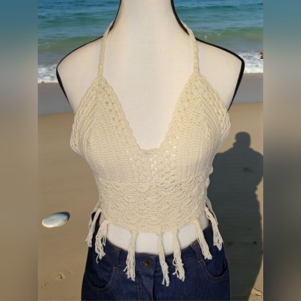 Cream Crochet Boho Festival Halter Top with Fringe Tie Neck/Back Size Small